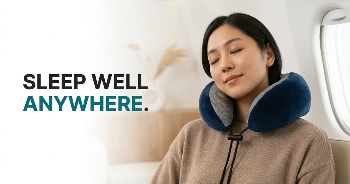 Woman with neck pillow on plane