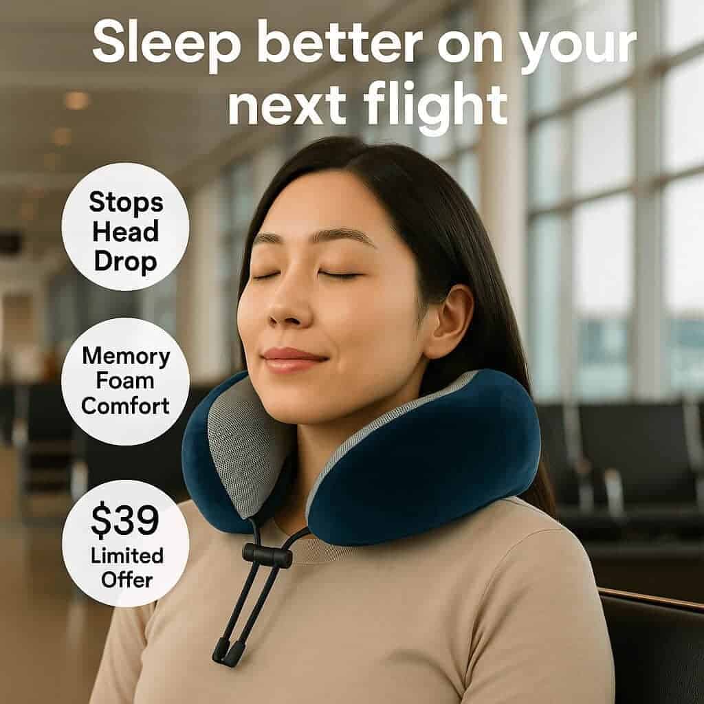 Woman sleeping with neck pillow.