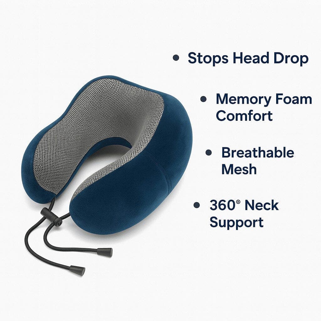 Blue neck pillow with mesh.