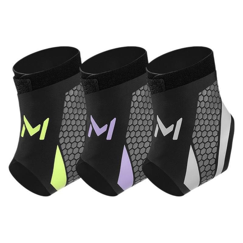 Three colorful ankle compression sleeves