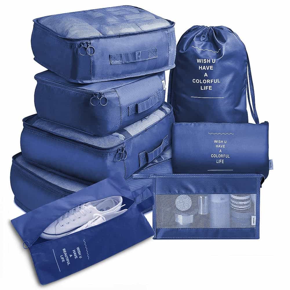 Blue packing cubes and bags