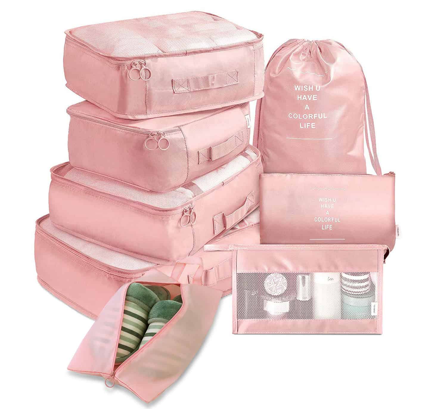Pink packing cubes and bags