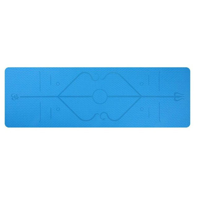 Blue yoga mat with markings