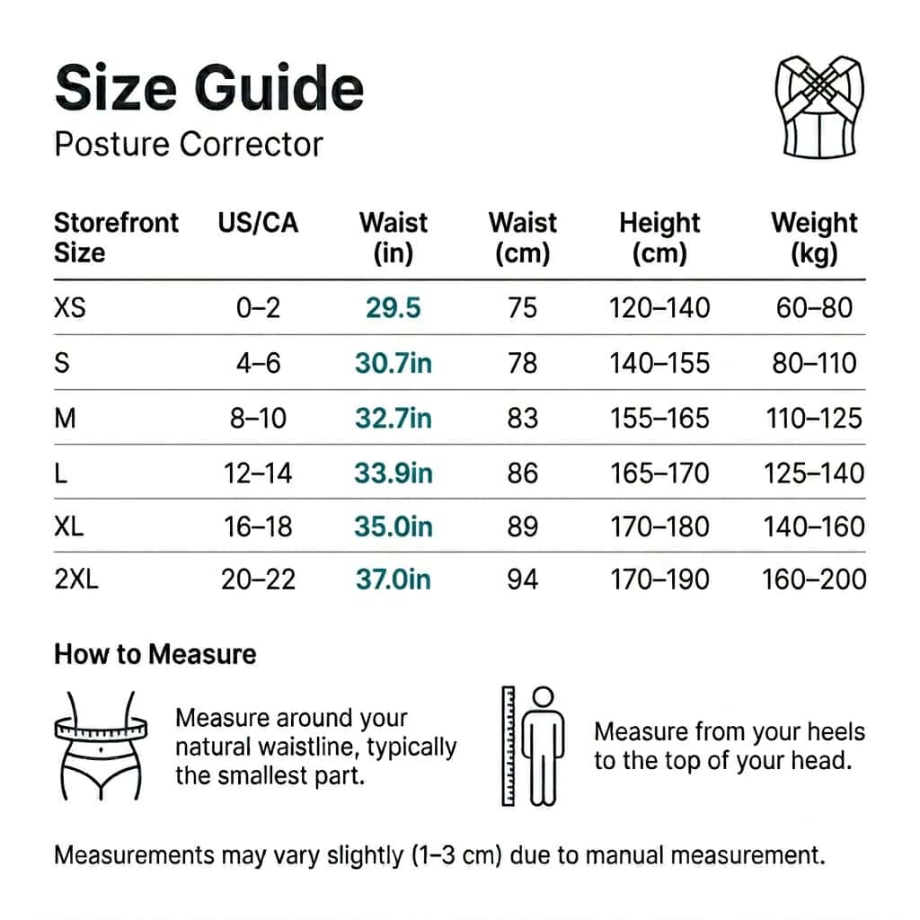 Posture corrector size guide table