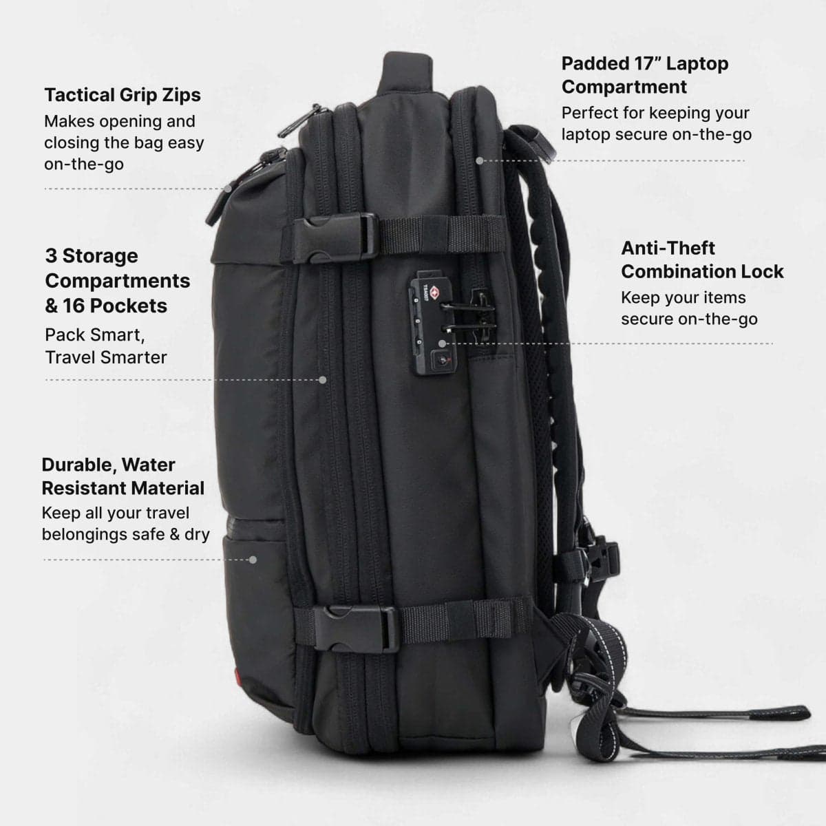jet black Black tactical backpack features.