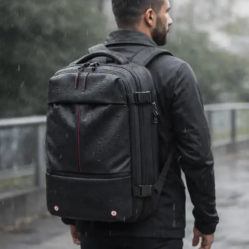 more confidence (1) Black backpack in rain