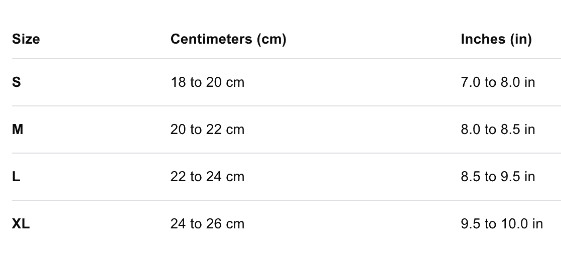 Size chart in cm and inches