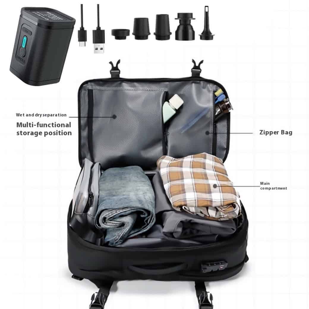 Travel-Backpack-with-air-pump- Open black backpack with clothes
