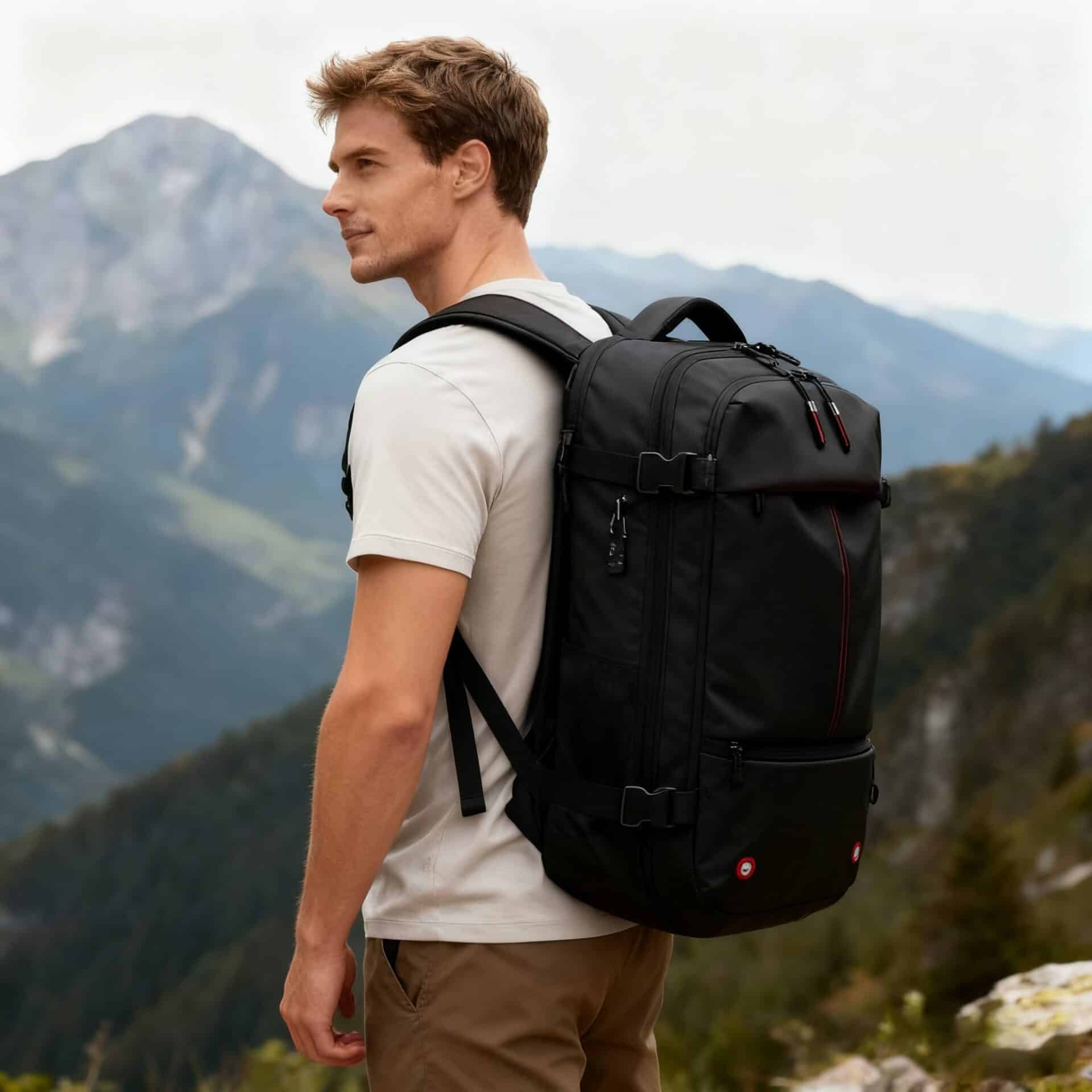 version 1.0.0 Man with backpack in mountains
